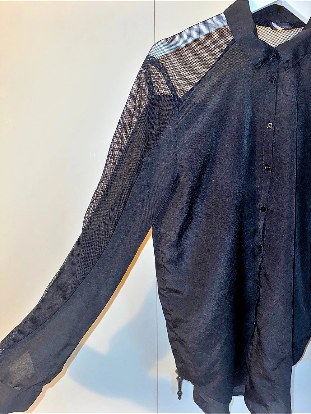 Black Mesh Sleeve & Shoulder Button Down Shirt - Picture 4 of 6